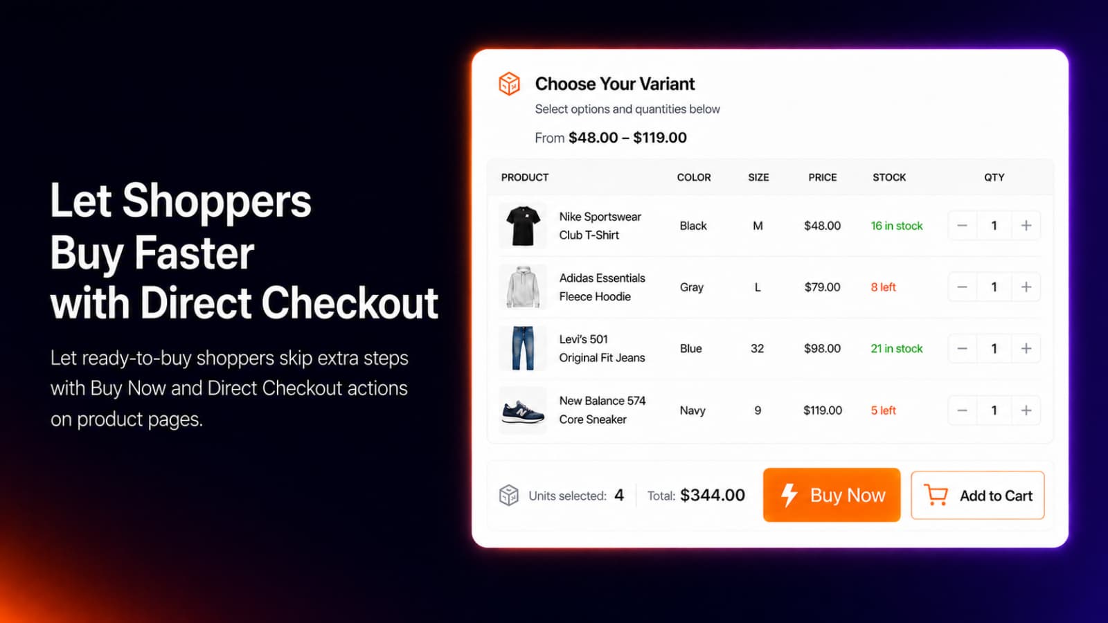 Direct Checkout, Zero Detours, Smart Variant Table: B2B Order