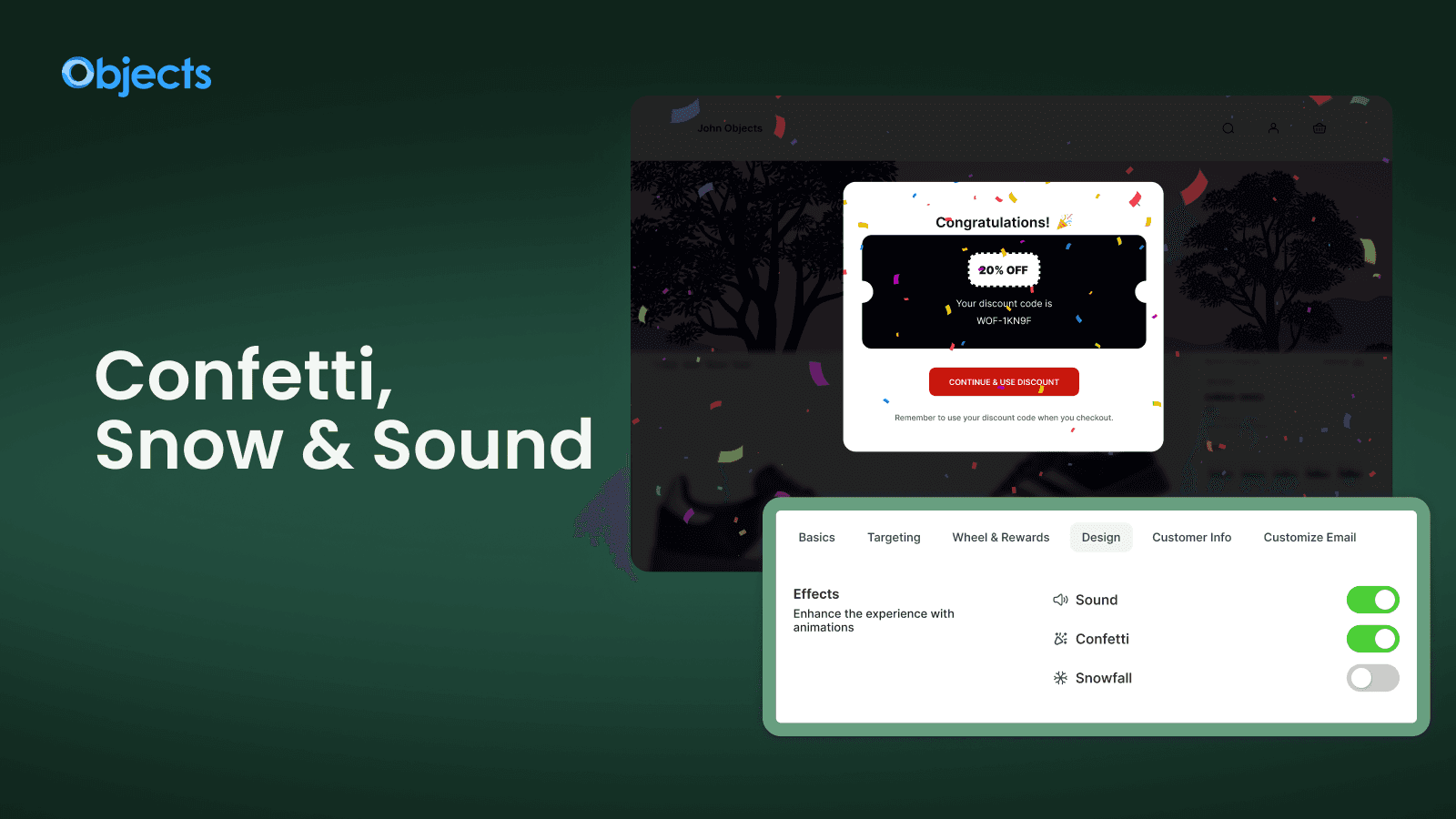 Confetti, Snow and Sound, Spin Wheel Email Popup & Games