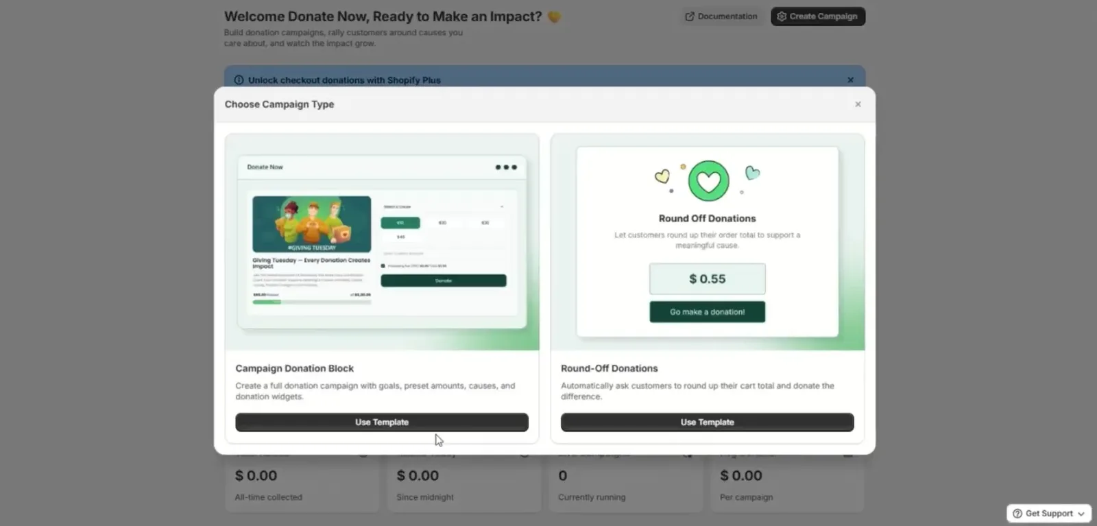 Choosing a campaign type in the Donate Now dashboard: campaign donation block or round-off donations
