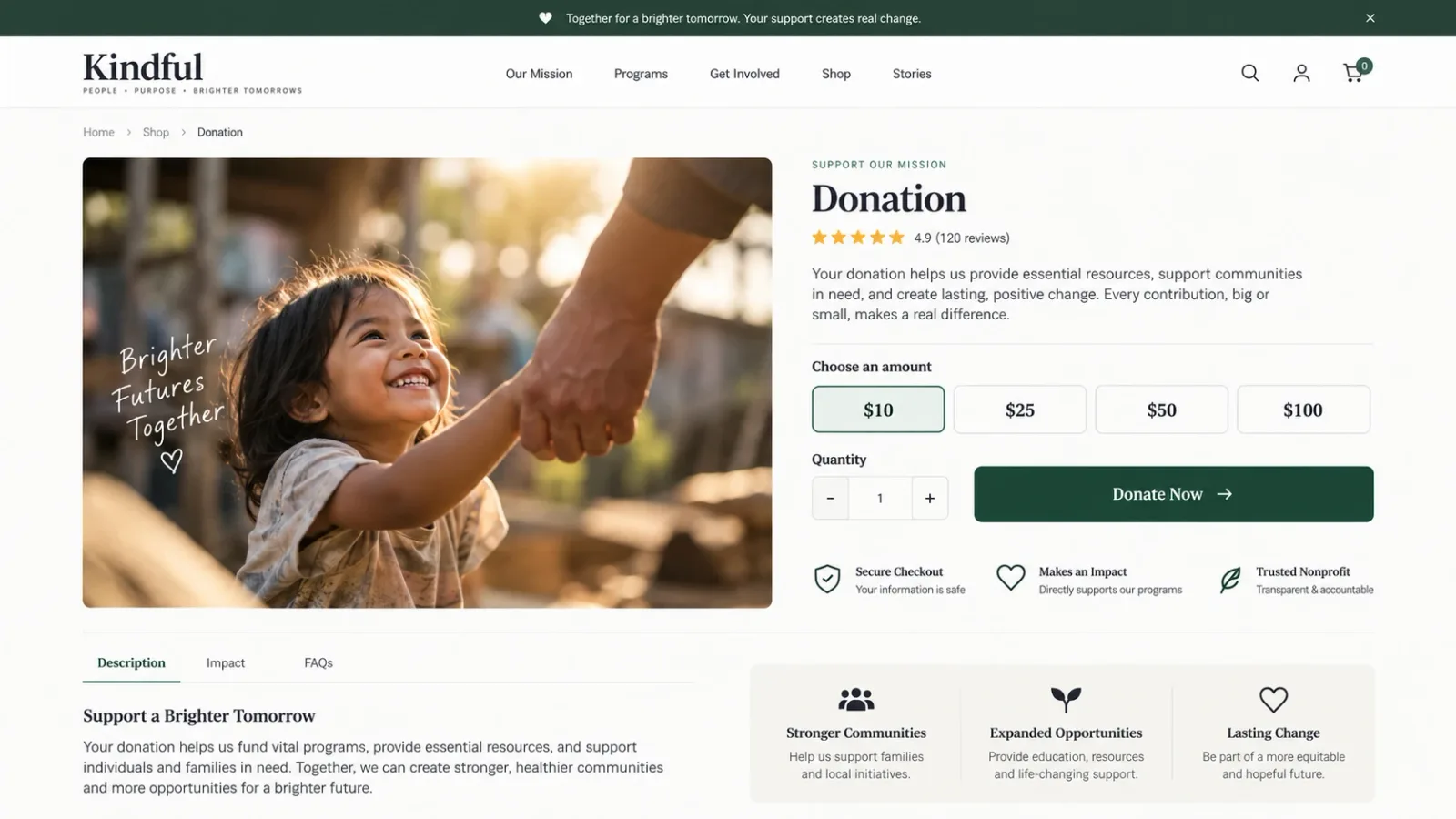 Example Shopify donation product page with fixed $10, $25, $50, and $100 amount options