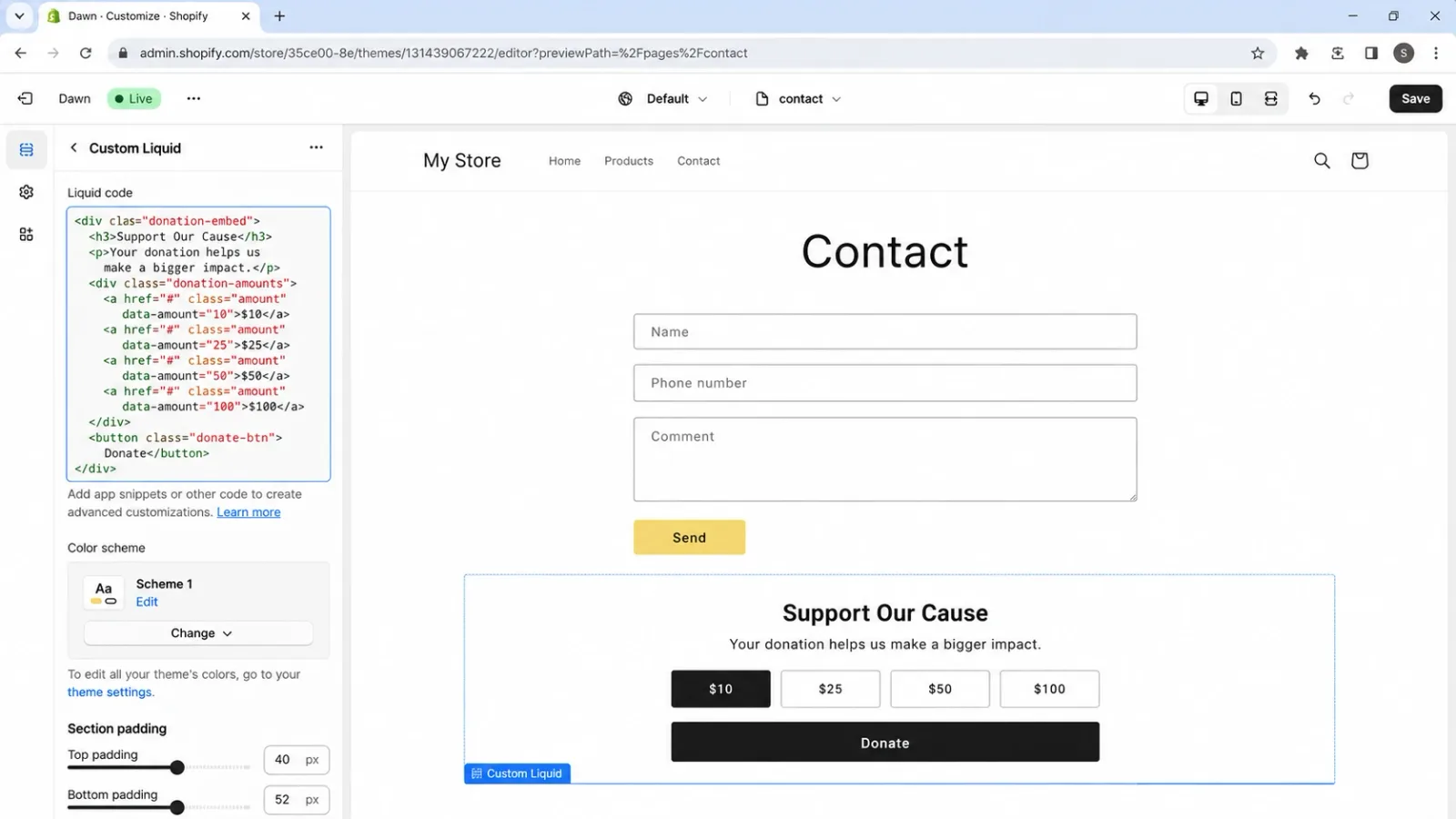 Embedding an external donation form via a Custom Liquid section in the Shopify theme editor