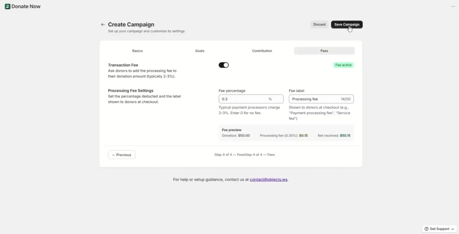 Enabling donor-covered processing fees in Donate Now campaign settings