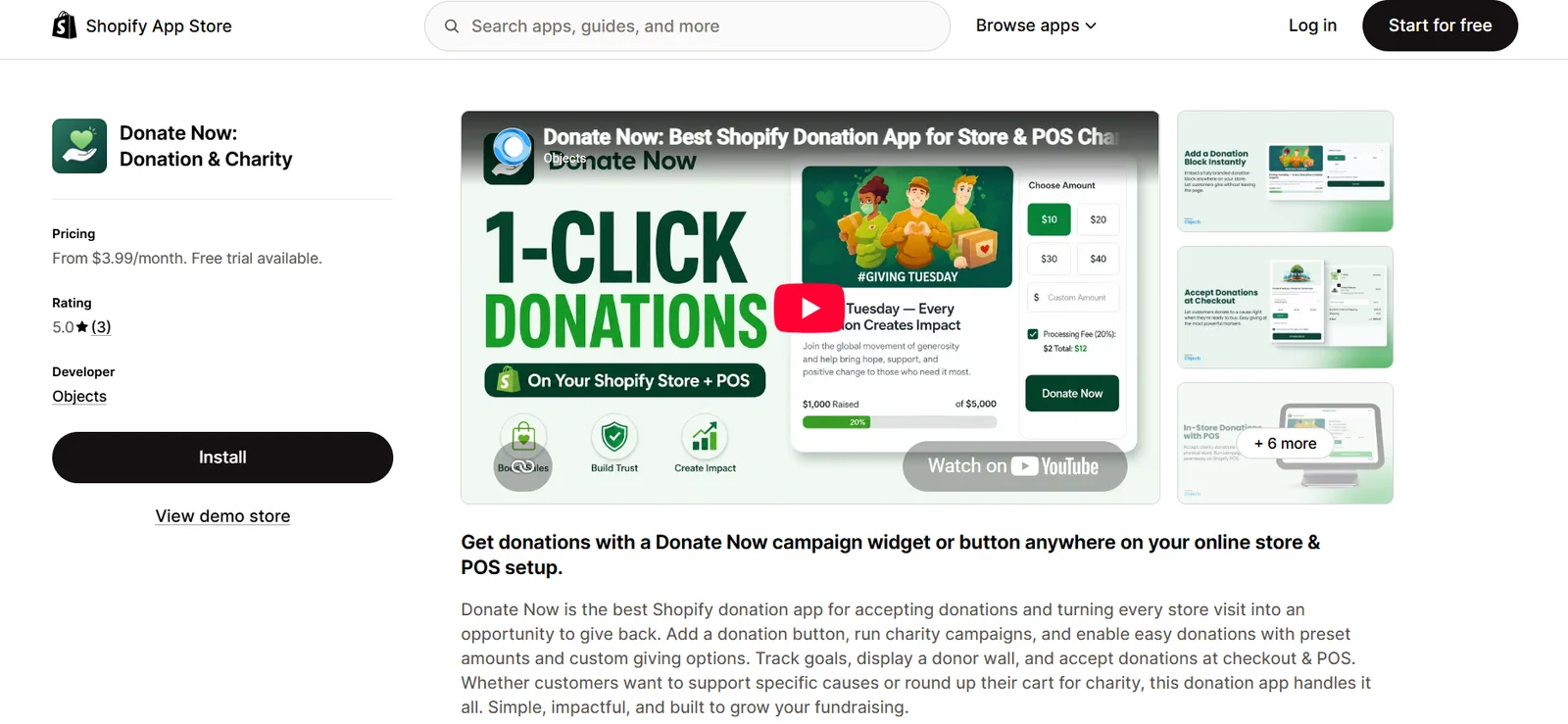 Donate Now donation app listing in the Shopify App Store