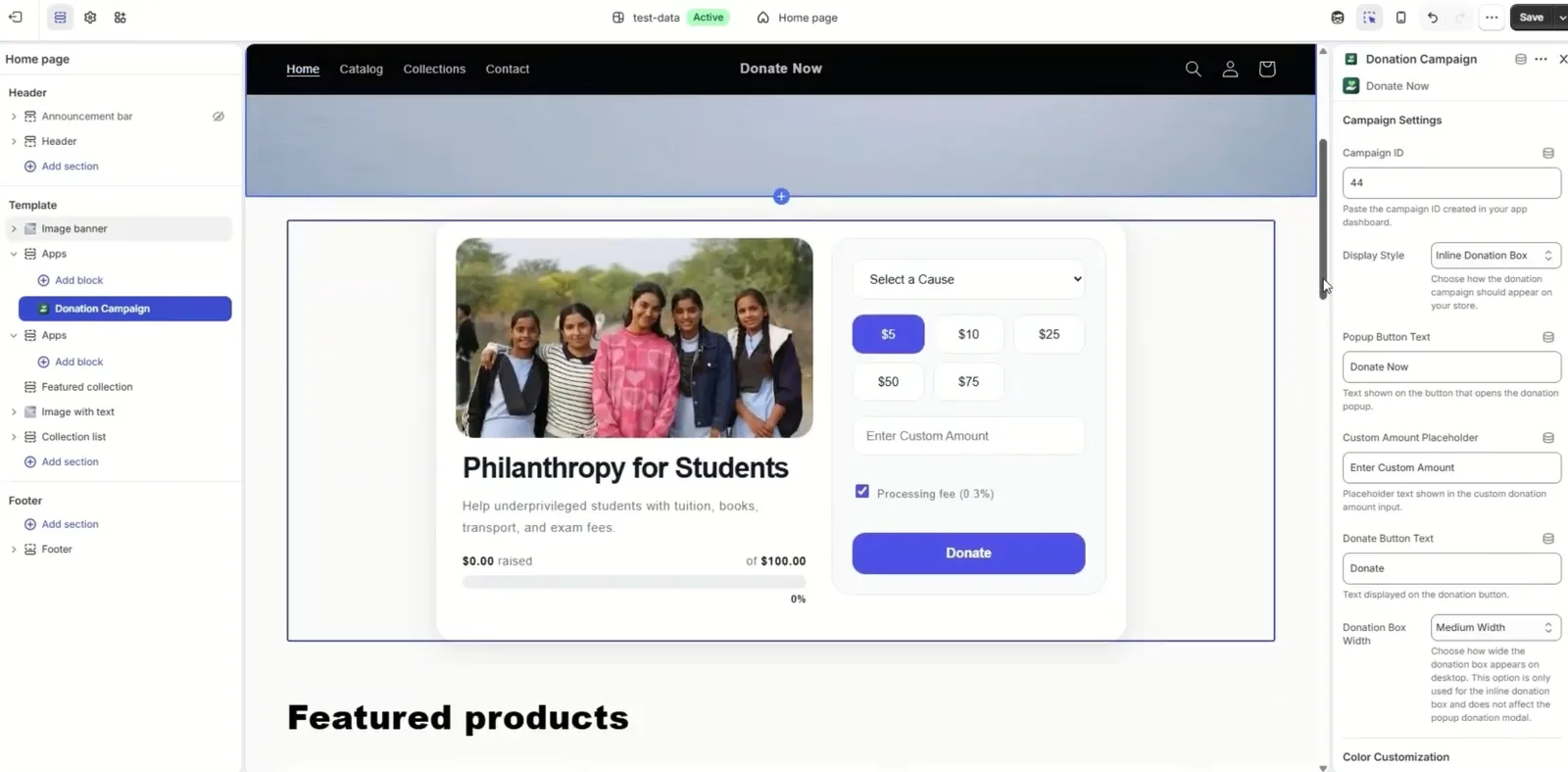 Adding the Donate Now donation campaign block in the Shopify theme editor