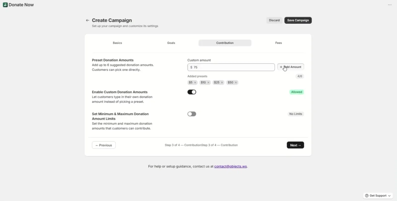 Setting preset donation amounts and enabling custom donation amounts in Donate Now