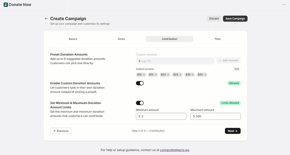 Configuring how customers contribute to the donation campaign