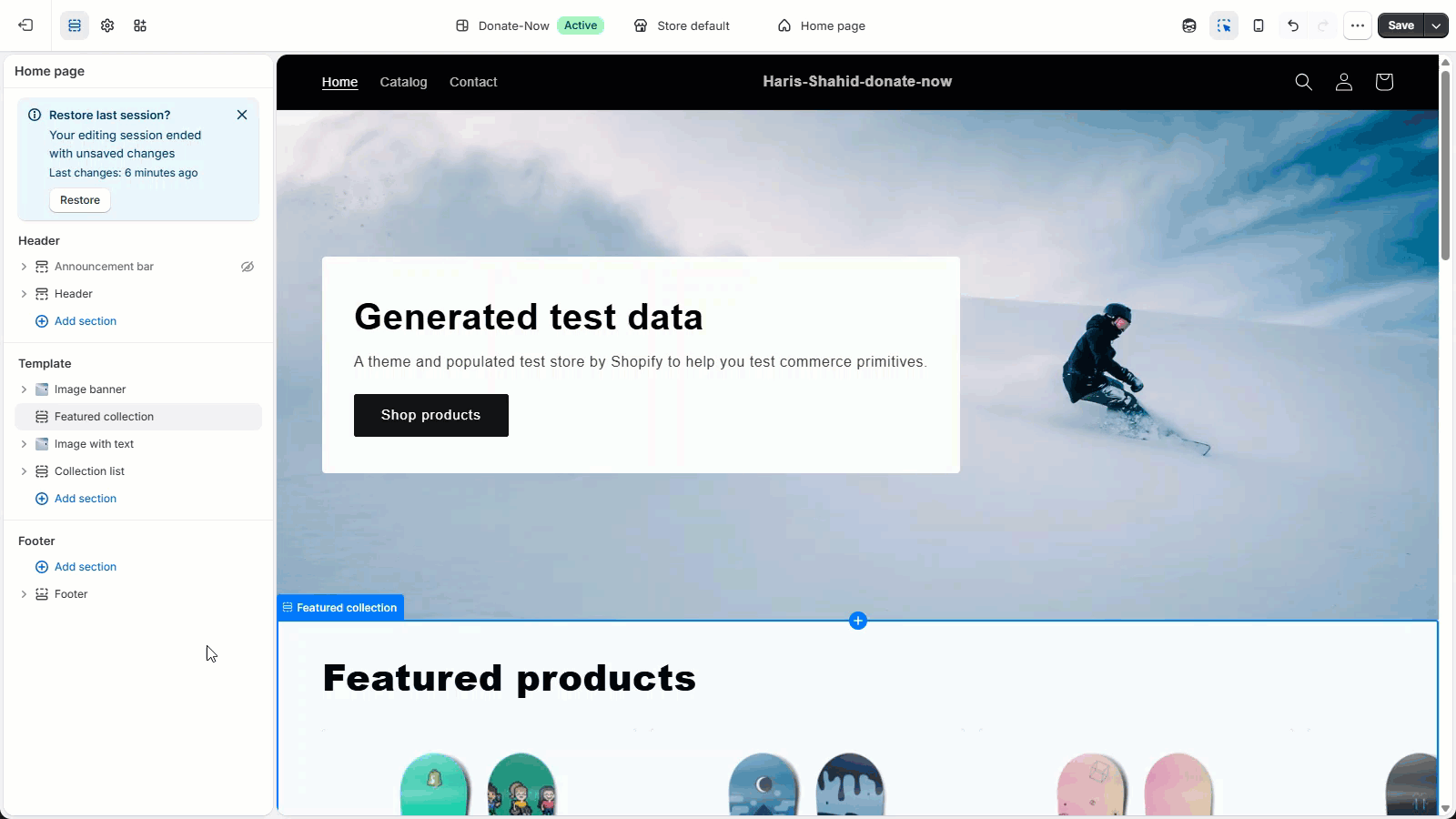 Dragging the donation widget onto a Shopify page in the Theme Editor