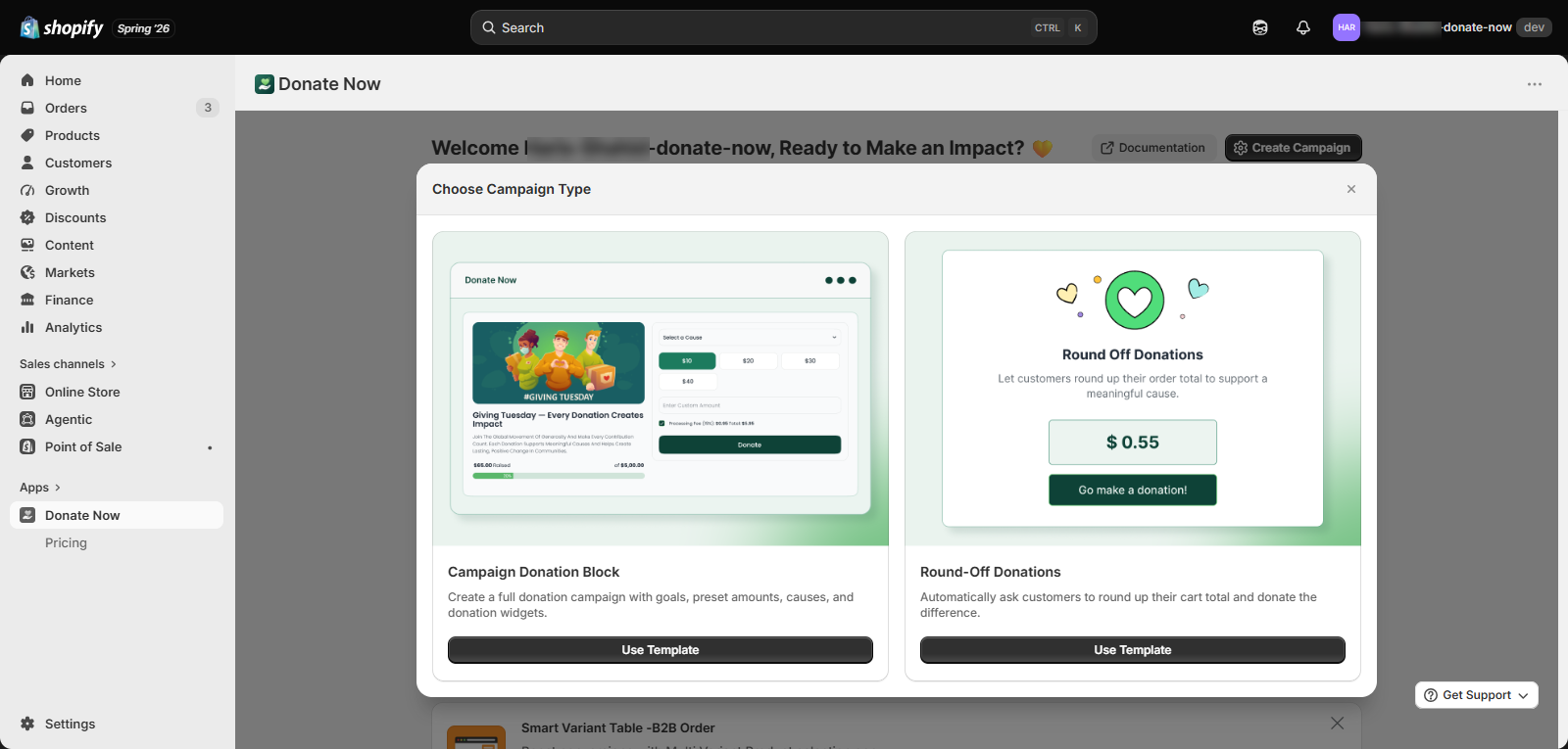 Choosing a donation campaign type in the Donate Now dashboard