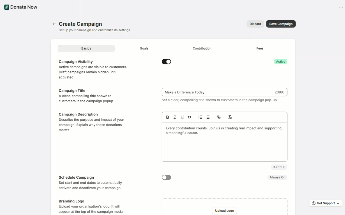 Filling out the basic details of a Shopify donation campaign