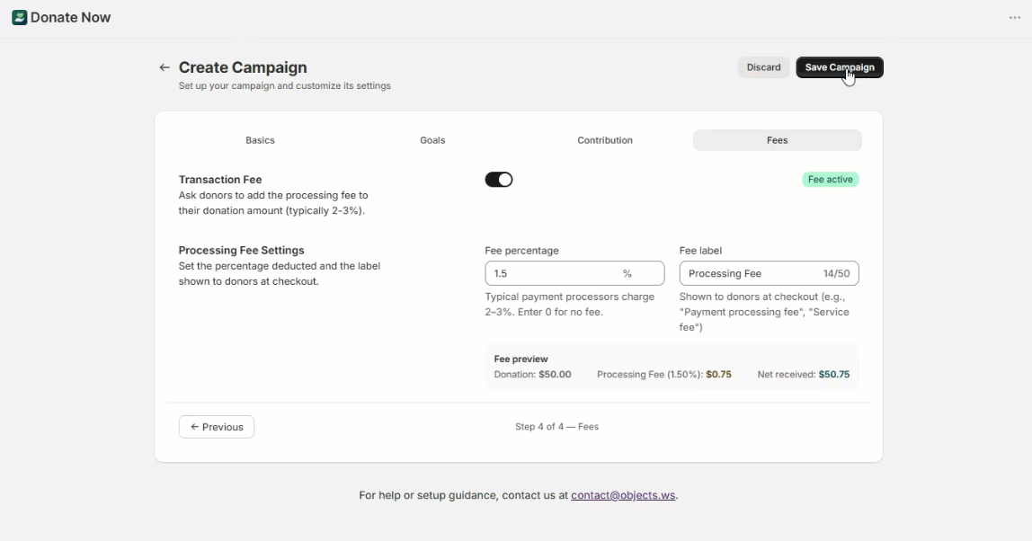 Choosing who covers the transaction fee for donations
