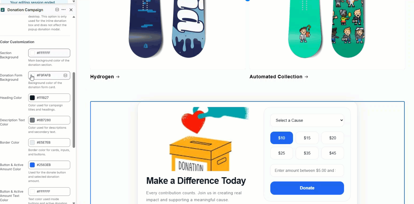 Customizing branding and preset donation amounts before publishing